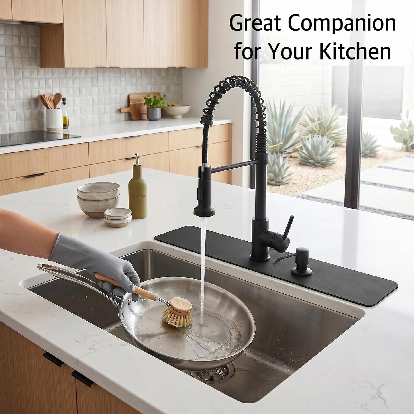 Absorbent Kitchen Sink Faucet Mat for 2-Hole 8" On-Center Faucets 30"x5.5" | Fits Sink with Soap Dispenser, Air Gap or Side Sprayer - Cuttable Drip Catcher Splash Guard for Irregular & 3, 4 Hole Sinks