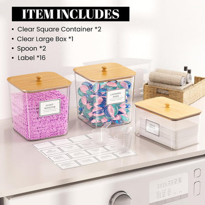 HomePekite Laundry Pods Storage Container, Clear Laundry Room Organization and Storage ,Detergent Powder Container,with Wooden Lids & Labels, 3+1 Pack