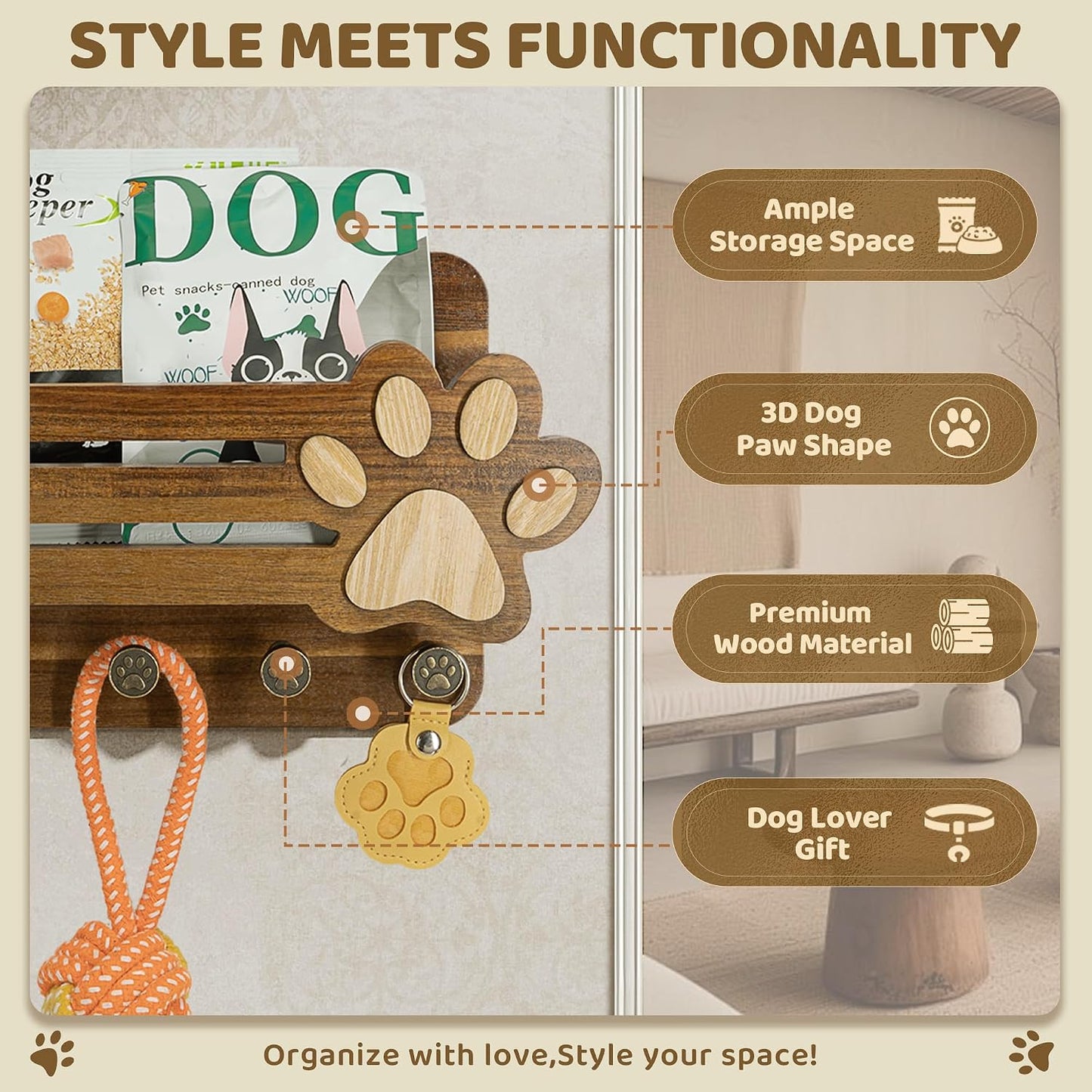 MTERSN Dog Leash Holder for Wall with Wall Shelf for Dog Lover, White | 3D Paw-print Design, Mail Holder for Wall with 6 Hooks for Dog Leash & Sunglasses, Put Dog Food Container, Rustic Home Decor