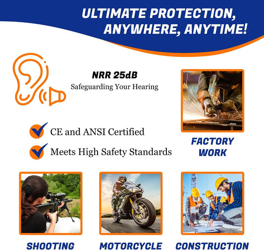 Quality Reusable Earplugs 100 Pair - 25dB Corded Silicone Ear Plugs for Shooting Construction Work Ear Plugs Motorcycle Range Hunting Hearing Protection Ear Protection for Mowing Earplugs Reusable