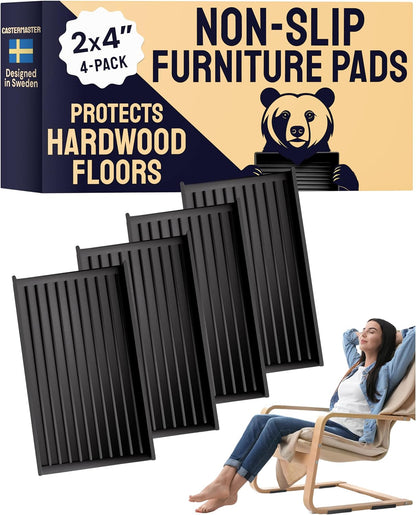 Non-Slip Furniture Pads - 4x4 in Brown, 4 Pack | Square rubber caster cups - anti-skid - Use for heavy sofas, beds & chairs on hardwood floors