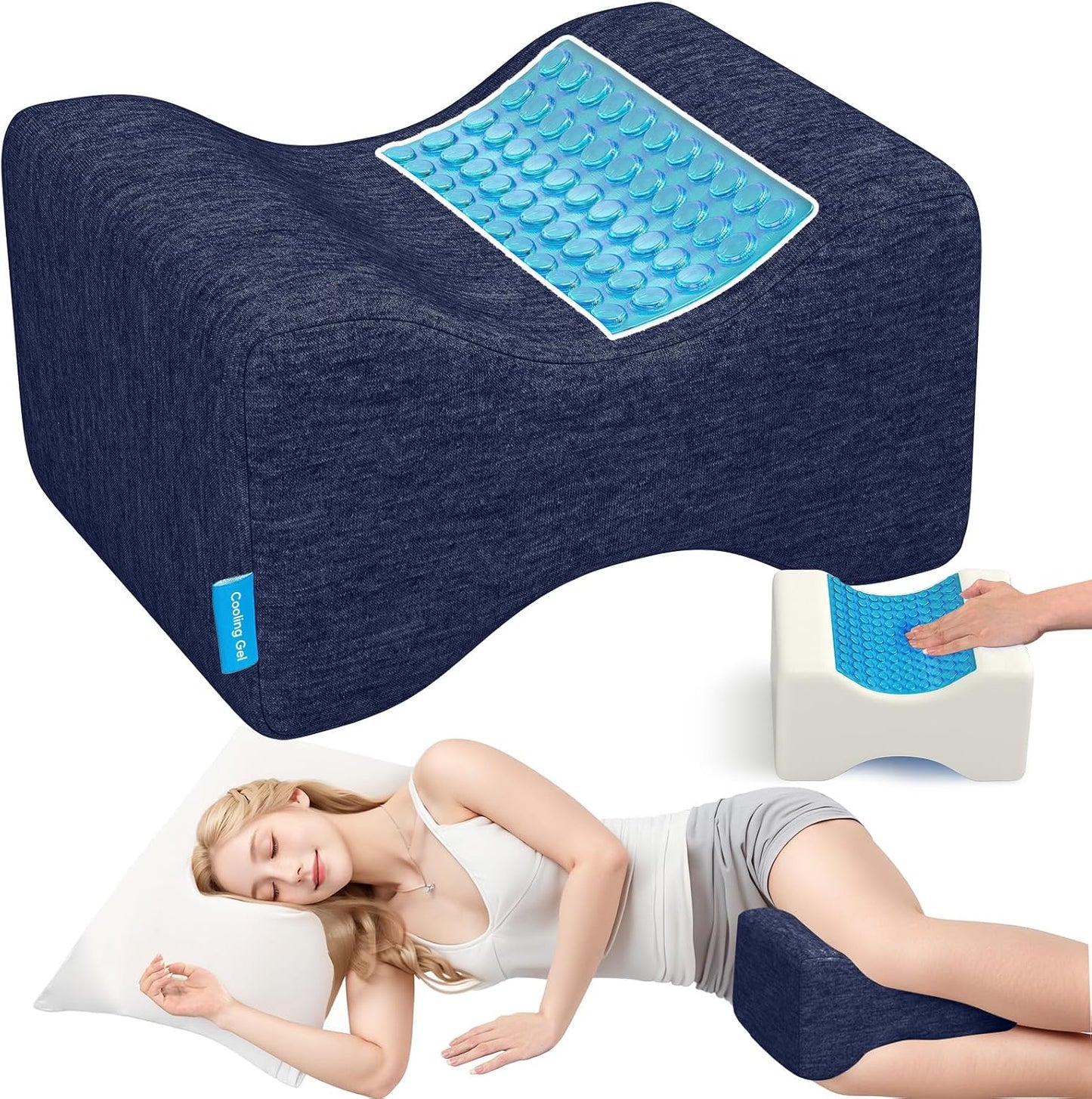 Knee Pillow for Side Sleepers, Leg Pillow with Cooling Gel, Grey/Large | Memory Foam Elevation Pillow for Spine Aligning, Sciatica, Back, Hip, Knee, Ankle Pain