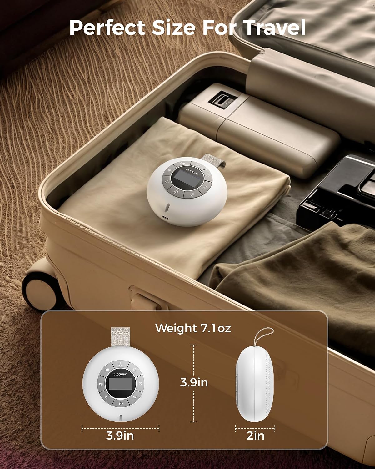 Glocusent 3-in-1 Portable Baby Sound Machine, White Noise Machine for Sleeping, Night Light & Phone Connected Speaker 34 Sounds Timing Function 1000mAh Large Battery Designed for Travel