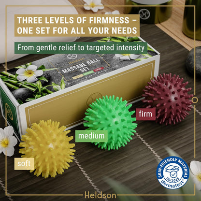 Spiky Massage Ball Set 3 Pcs – Foot Massage Balls Soft to Hard | Dermatest "excellent", 3 firmness levels from soft to hard, trigger point balls for feet, back & neck, incl. reflex charts
