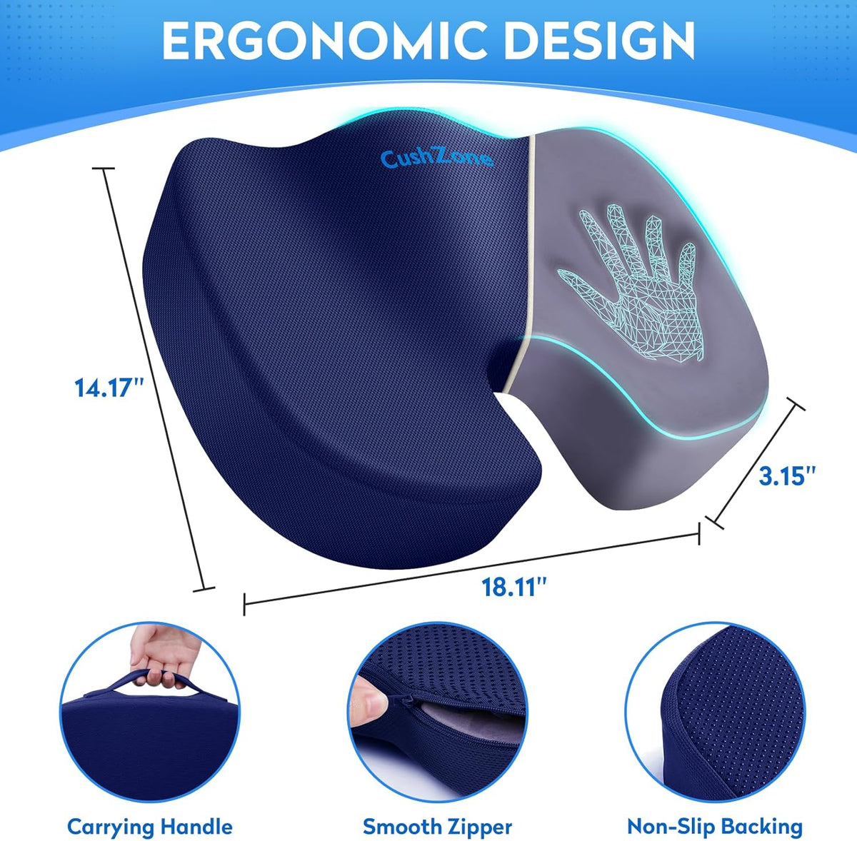 CushZone Seat Cushion Memory Foam Chair Pad for Office & Car, Black