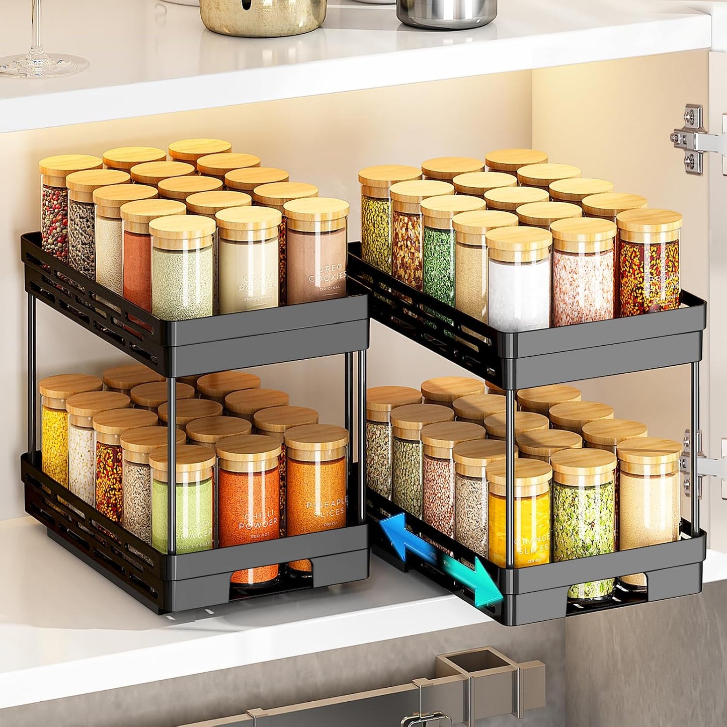 Pull Out Spice Rack Organizer for Cabinet, 3 Packs Slide Out Spice Racks Organizer, Spice Cabinet Organizers, Cabinet Size Need:12'' Highx11'' Deepx5'' Wide,Each Tier Hold 10 Spice Jar - 2 Tier, Black