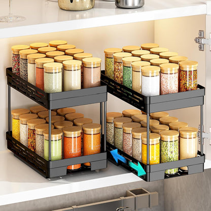 Pull Out Spice Rack Organizer for Cabinet, 3 Packs Slide Out Spice Racks Organizer, Spice Cabinet Organizers, Cabinet Size Need:12'' Highx11'' Deepx5'' Wide,Each Tier Hold 10 Spice Jar - 2 Tier, Black
