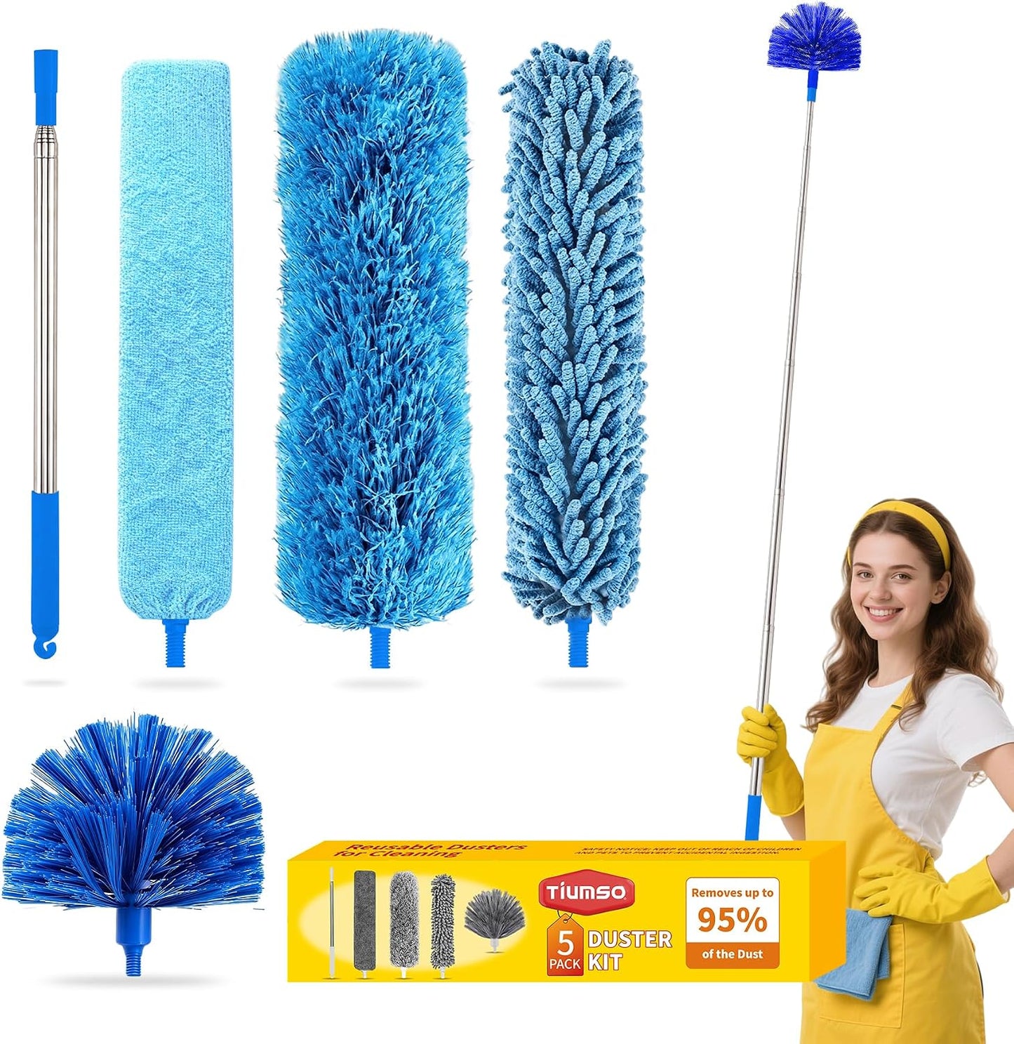 Tiumso Microfiber Feather Duster 5-in-1 Kit, Dusters for Cleaning, Duster with Extension Pole 100 Inches, Cobweb Duster, Microfiber Dusters for High Ceilings and Fans, Blinds, Cars and Furniture