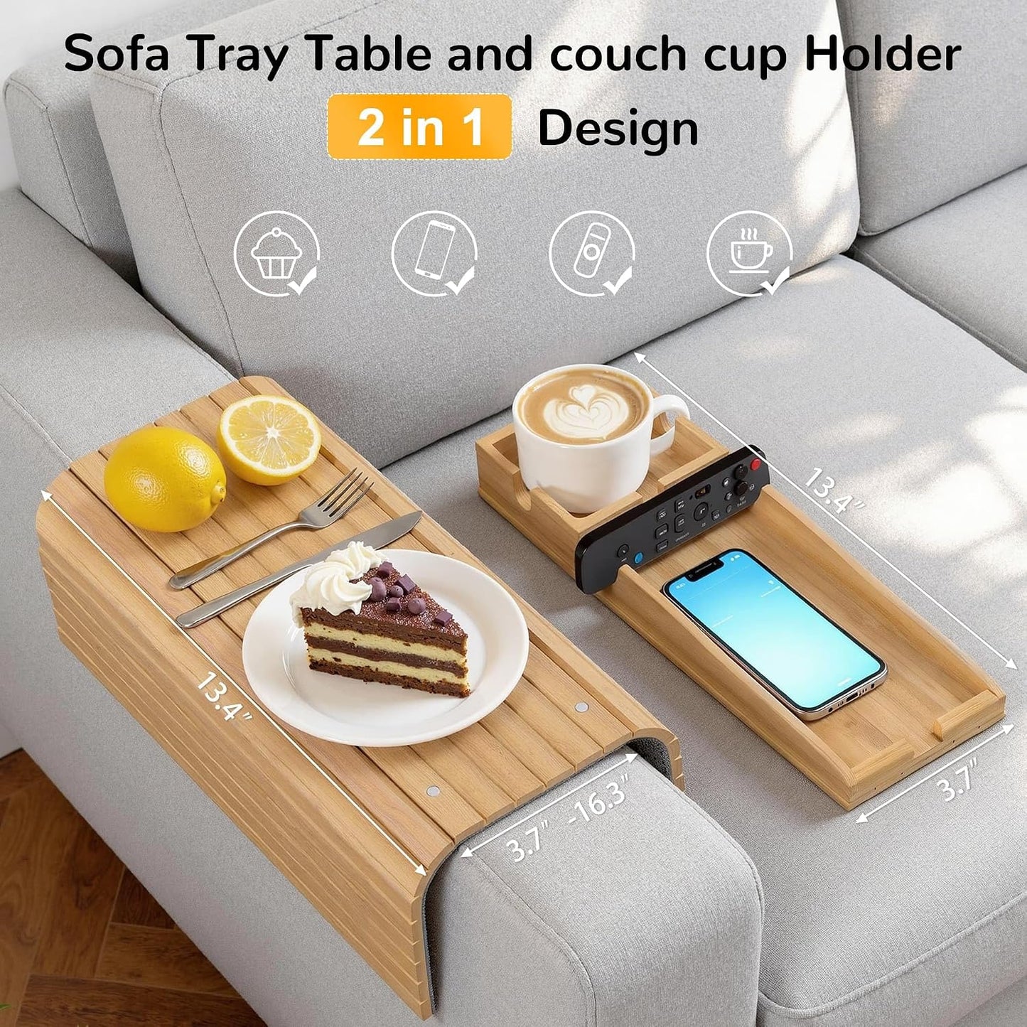 Korser Couch Armrest Table, Sofa Arm Tray with Removable Cup Holder, 2 in 1 Anti-Slip Armrest Tray Table for Couch, Bamboo Foldable Couch Cup Holder for Drinks Snacks Phone Remote Control