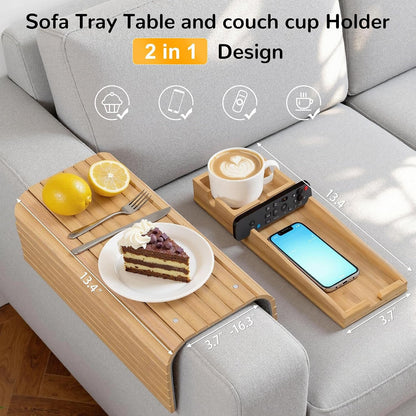 Korser Couch Armrest Table, Sofa Arm Tray with Removable Cup Holder, 2 in 1 Anti-Slip Armrest Tray Table for Couch, Bamboo Foldable Couch Cup Holder for Drinks Snacks Phone Remote Control