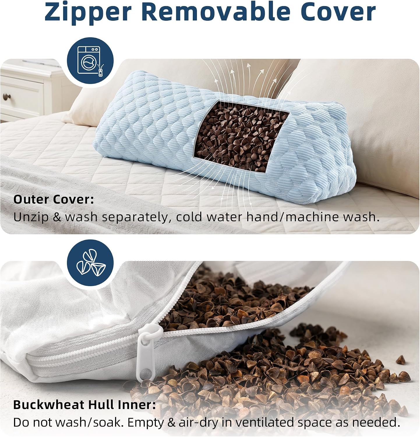 Buckwheat Cervical Pillow, Adjustable Neck Support Pillow for Sleeping, Organic Buckwheat Hull Pillow, Firm Breathable Neck Roll Pillow with Removable Cover for Back and Side Sleepers
