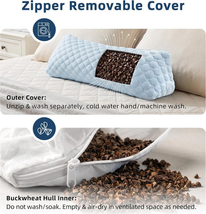 Buckwheat Cervical Pillow, Adjustable Neck Support Pillow for Sleeping, Organic Buckwheat Hull Pillow, Firm Breathable Neck Roll Pillow with Removable Cover for Back and Side Sleepers