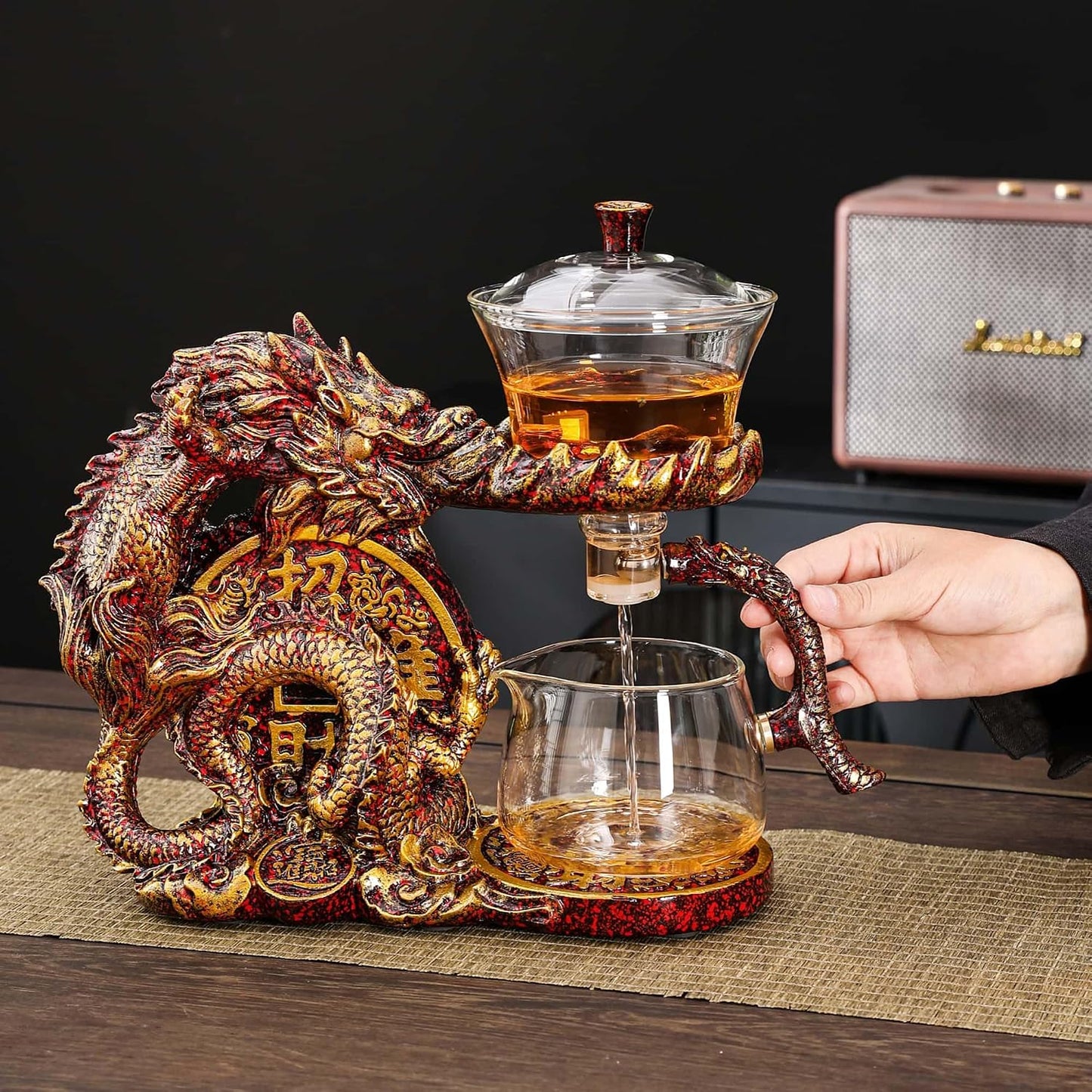 Glass Teapot Set with Infuser Semi Automatic Dragon Tea Set (Blue golden teapot)