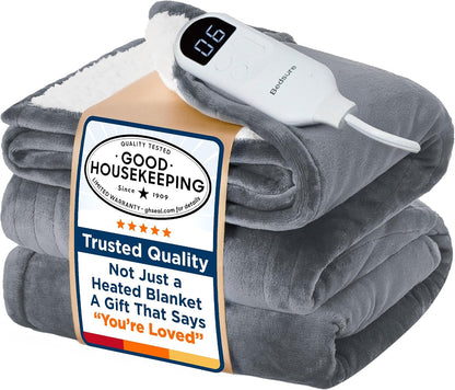 Bedsure Heated Blanket Throw Blanket with Preheat Function - Fast Heating Electric Blanket, Soft Flannel Throw with 6 Time Settings(Up to 10H), 6 Heating Settings, Gifts for Grandma (50"x60", Grey)