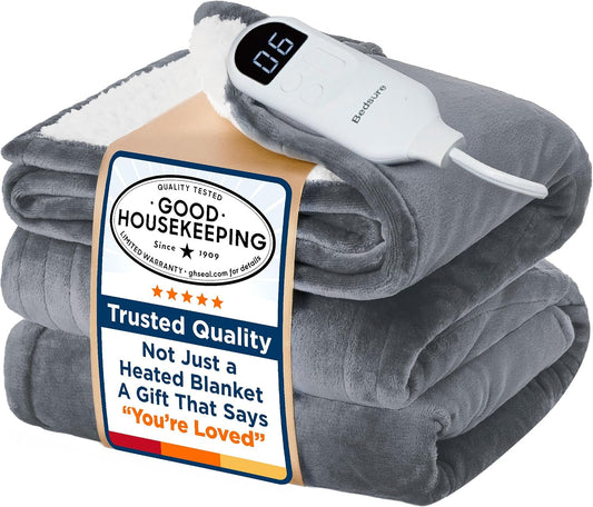 Bedsure Heated Blanket Throw Blanket with Preheat Function - Fast Heating Electric Blanket, Soft Flannel Throw with 6 Time Settings(Up to 10H), 6 Heating Settings, Gifts for Grandma (50"x60", Grey)