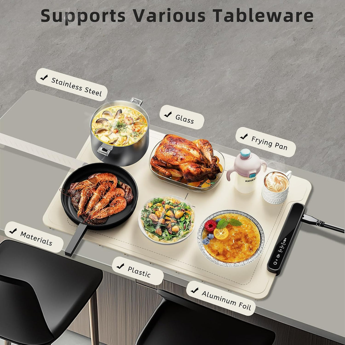 Food Warming Mat, Silicone Electric Warming Tray with 3 Modes Temperature & Fast Heating, Raised Feet Protects Table, Roll Up Buffet Hot Plates Heat Pad, Portable Food Warmer for Parties Home Travel