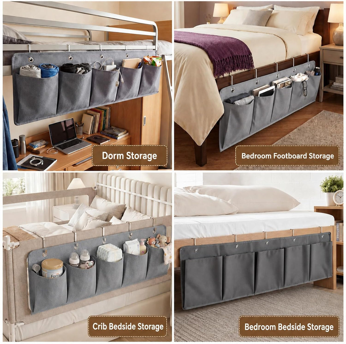 Rv Bedside Storage Organizer, 5 Pocket Camper Van Bed Caddy Bag, Grey