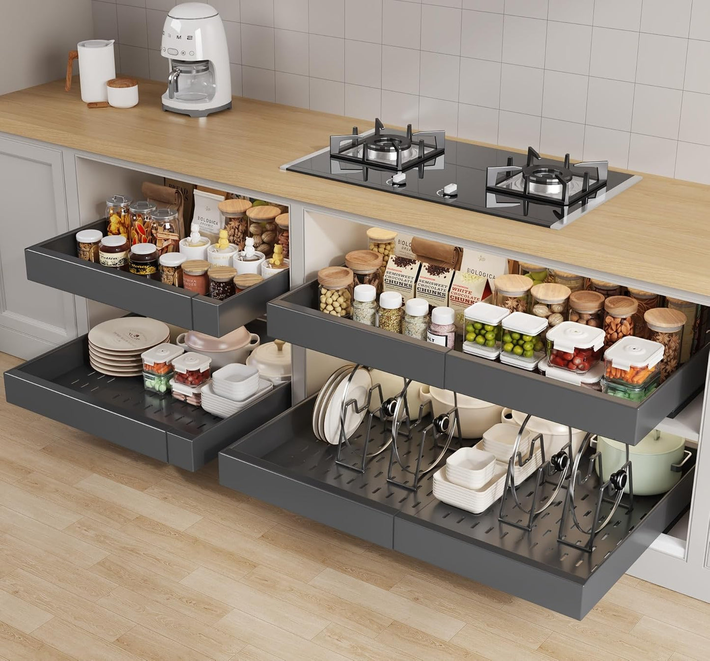 Seinloes 2Pack Pull out Cabinet Organizer 21"Deep with 4 Adjustable Dividers,Expandable（12.1"-20.4"W） Pots and Pans Organizer Under Cabinet with Raising Pad for Framed Cabinets,Slide out Drawers,White