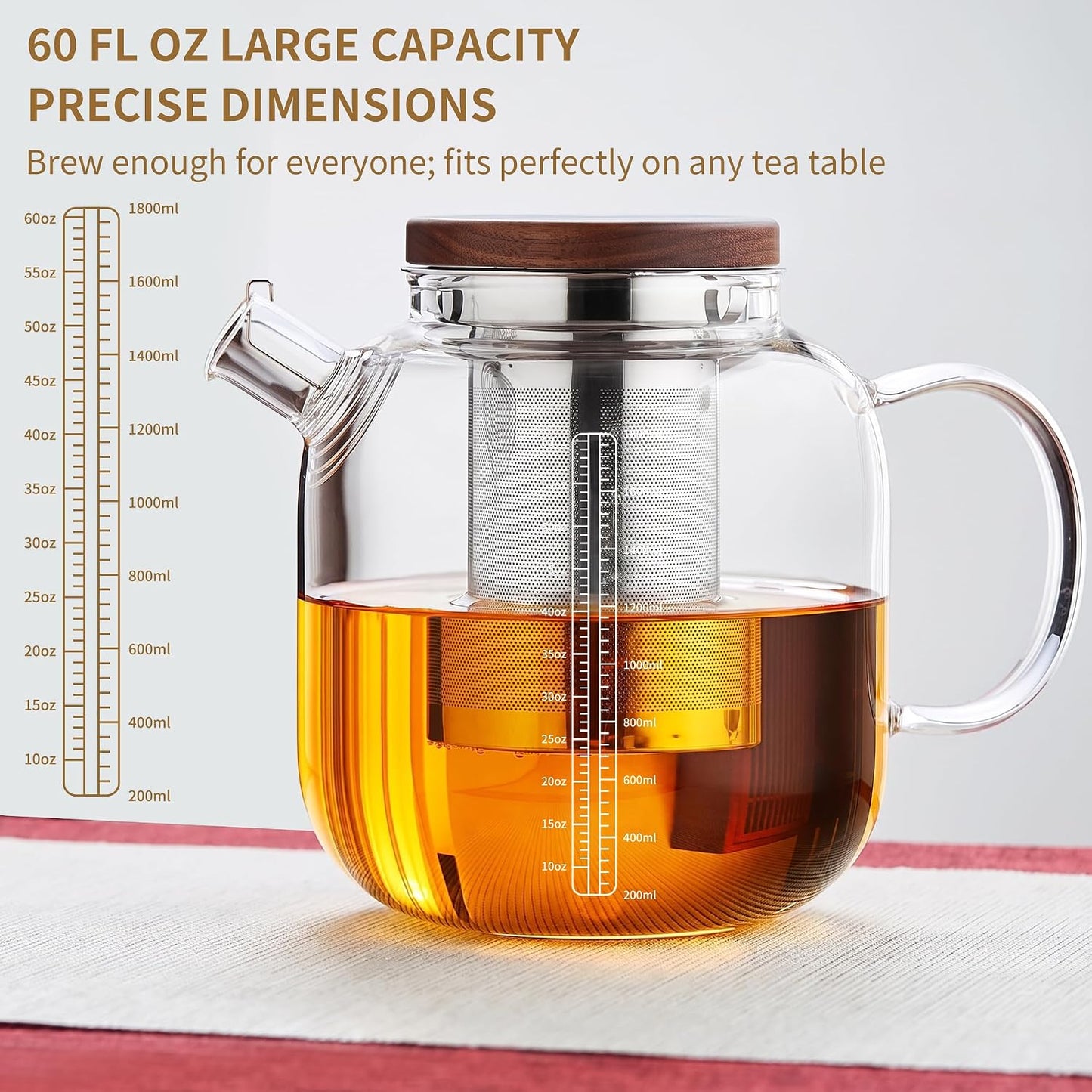 Glass Teapot with Infuser and Lid, 61oz/1.8L Large Borosilicate Glass Tea Pot with Removable Stainless Steel Strainer, Heat-Resistant Handle, Stovetop Safe Tea Kettle for Loose Leaf, Blooming Tea
