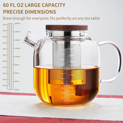 Glass Teapot with Infuser and Lid, 61oz/1.8L Large Borosilicate Glass Tea Pot with Removable Stainless Steel Strainer, Heat-Resistant Handle, Stovetop Safe Tea Kettle for Loose Leaf, Blooming Tea