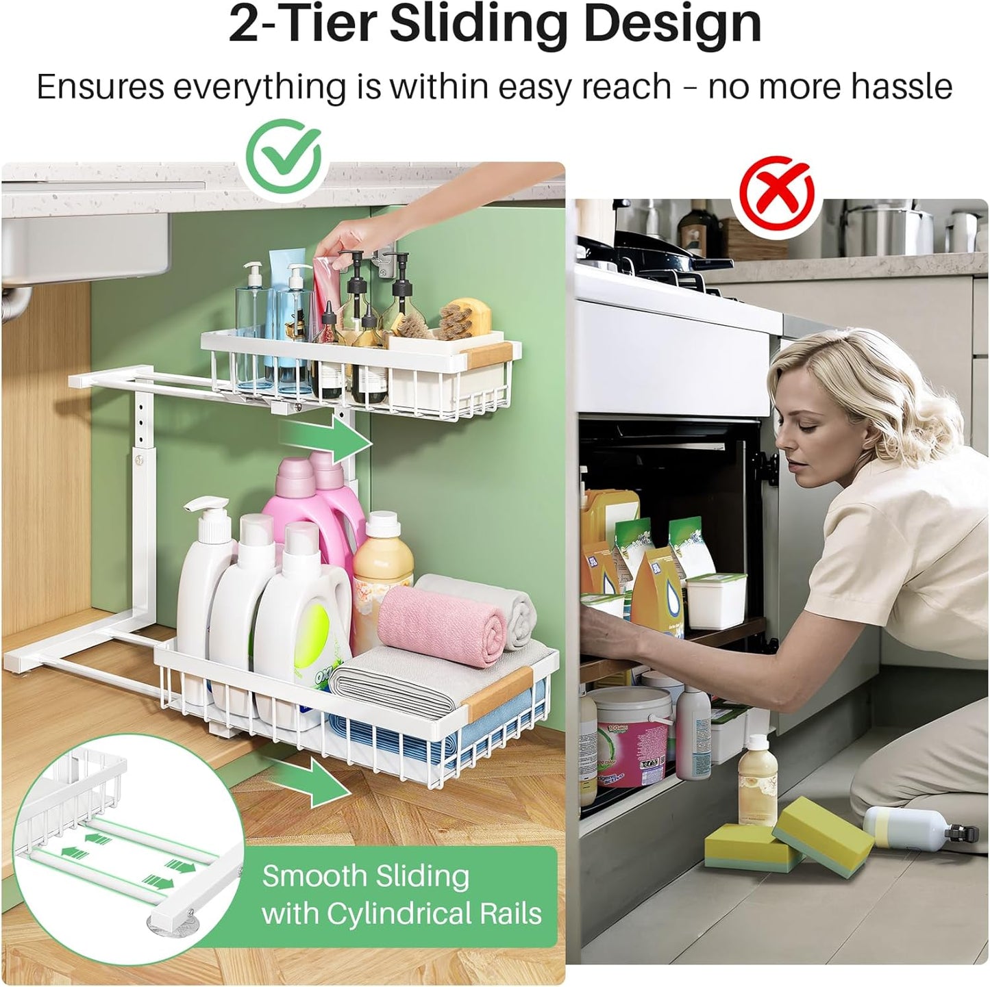 Kitstorack Under Sink Organizer, 2 Tier Under the Sink Storage, Slide out Pull out Cabinet Organizer Shelf, Metal Sliding Drawer for Kitchen Bathroom Pantry Closet Organization Rack, Black, 2 Pack