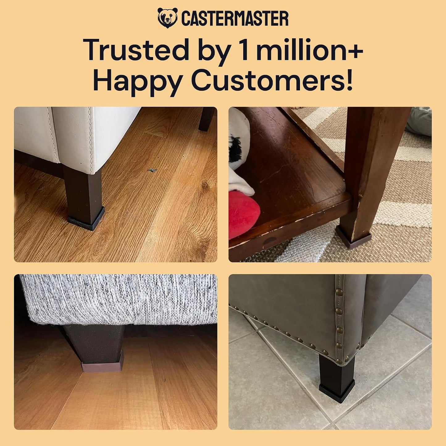 Non-Slip Furniture Pads - 4x4 in Brown, 4 Pack | Square rubber caster cups - anti-skid - Use for heavy sofas, beds & chairs on hardwood floors