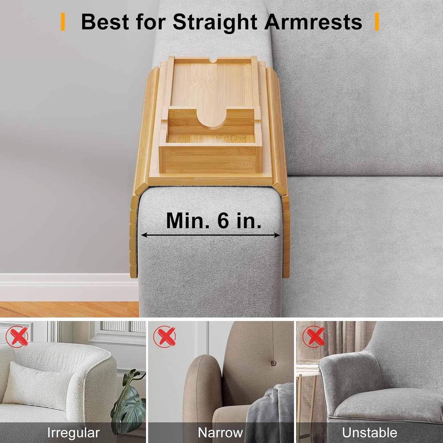 Bestjing Bamboo Sofa Armrest Tray - Couch Arm Tray with Detachable Couch Cup Holder - 2 in 1 Anti-Slip Foldable Sofa Armchair Caddy Table for Drinks Cellphone TV Remote Snacks