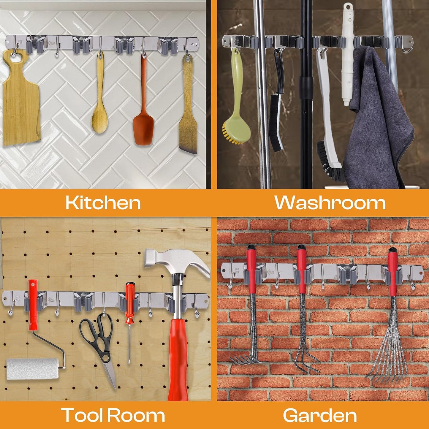 Stainless Steel Broom Holder Wall Mount, 3 Racks & 4 Hooks | Waterproof organizer for mops, brooms, tools and garden equipment, adjustable wall storage, black