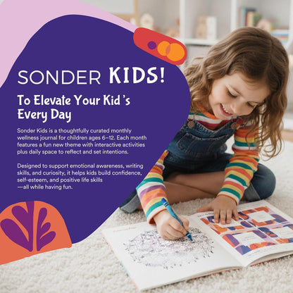 Sonder Kids Wellness Gratitude Journal - Kids Journal for Girls and Boys, Hands-On Activities like Crosswords, Coloring and Nature Prompts, Undated, Ages 6-12, 56 pages