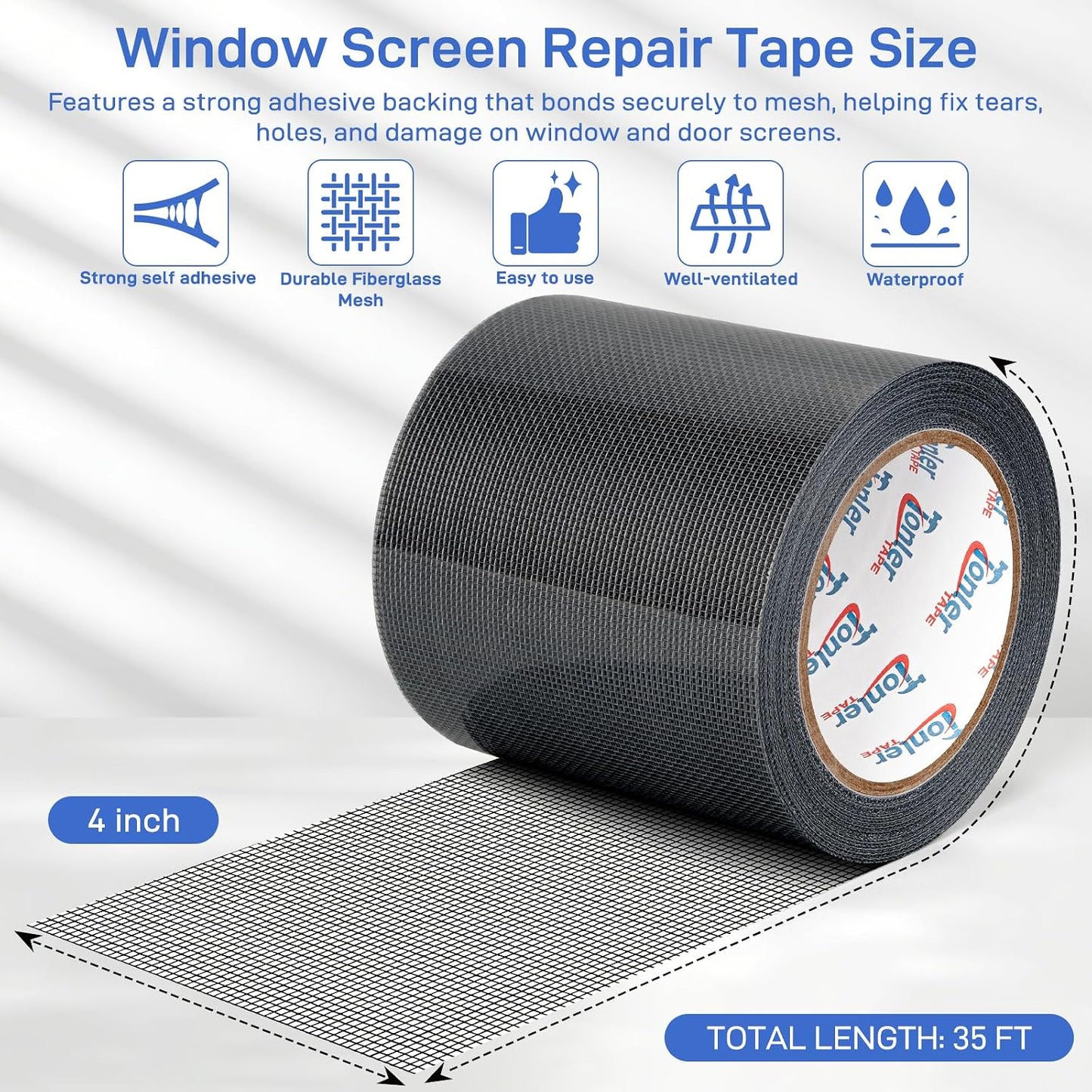 Gray Fiberglass Screen Mesh Patch Tape 2" x 35FT Strong Adhesive Repair Kit | Strong adhesive fiberglass mesh repair kit for screen holes and tears, easy to cut and apply, waterproof indoor outdoor