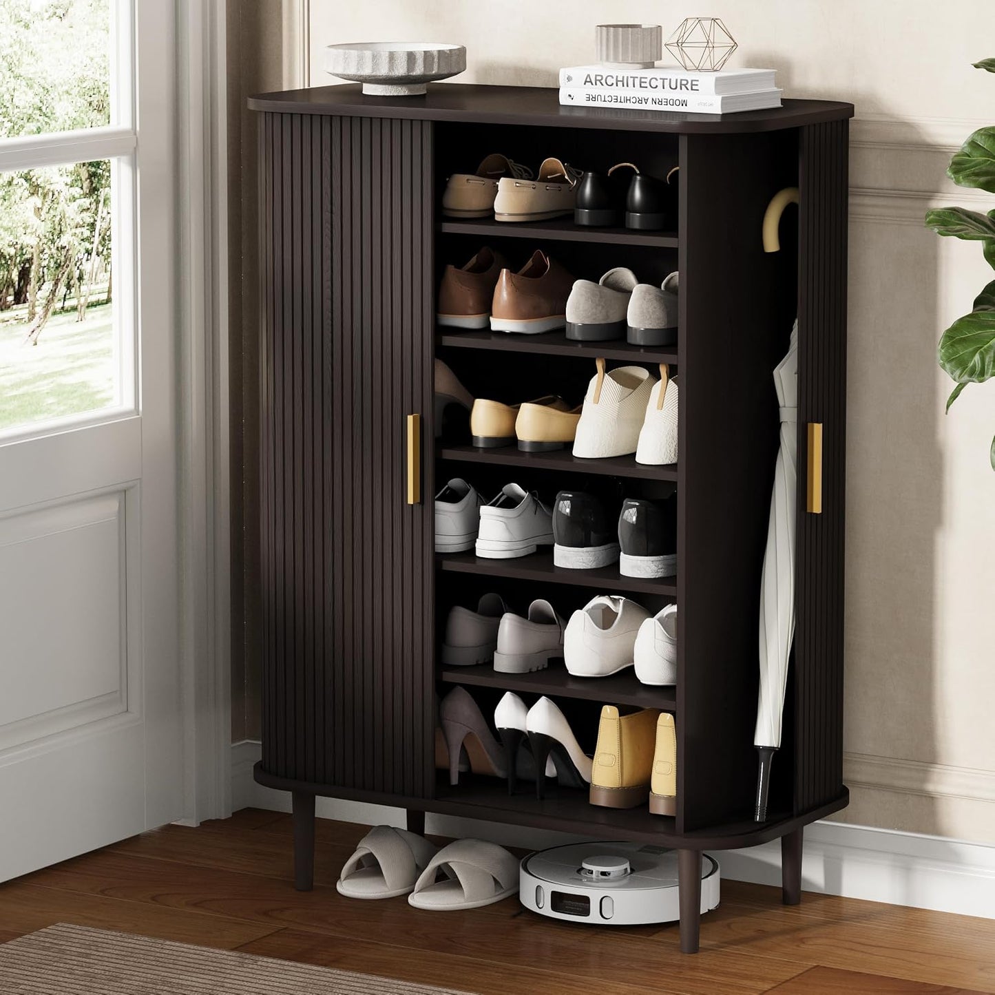 DHH Shoe Storage Cabinet with Sliding Door, 6-Tier Shoe Cabinet with Adjustable Shelves, Modern Freestanding Shoe Storage Organizer for Entryway, Hallway, Living Room (Walnut, 47 ")