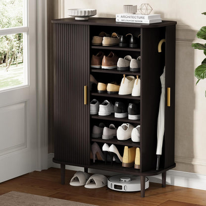 DHH Shoe Storage Cabinet with Sliding Door, 6-Tier Shoe Cabinet with Adjustable Shelves, Modern Freestanding Shoe Storage Organizer for Entryway, Hallway, Living Room (Walnut, 47 ")