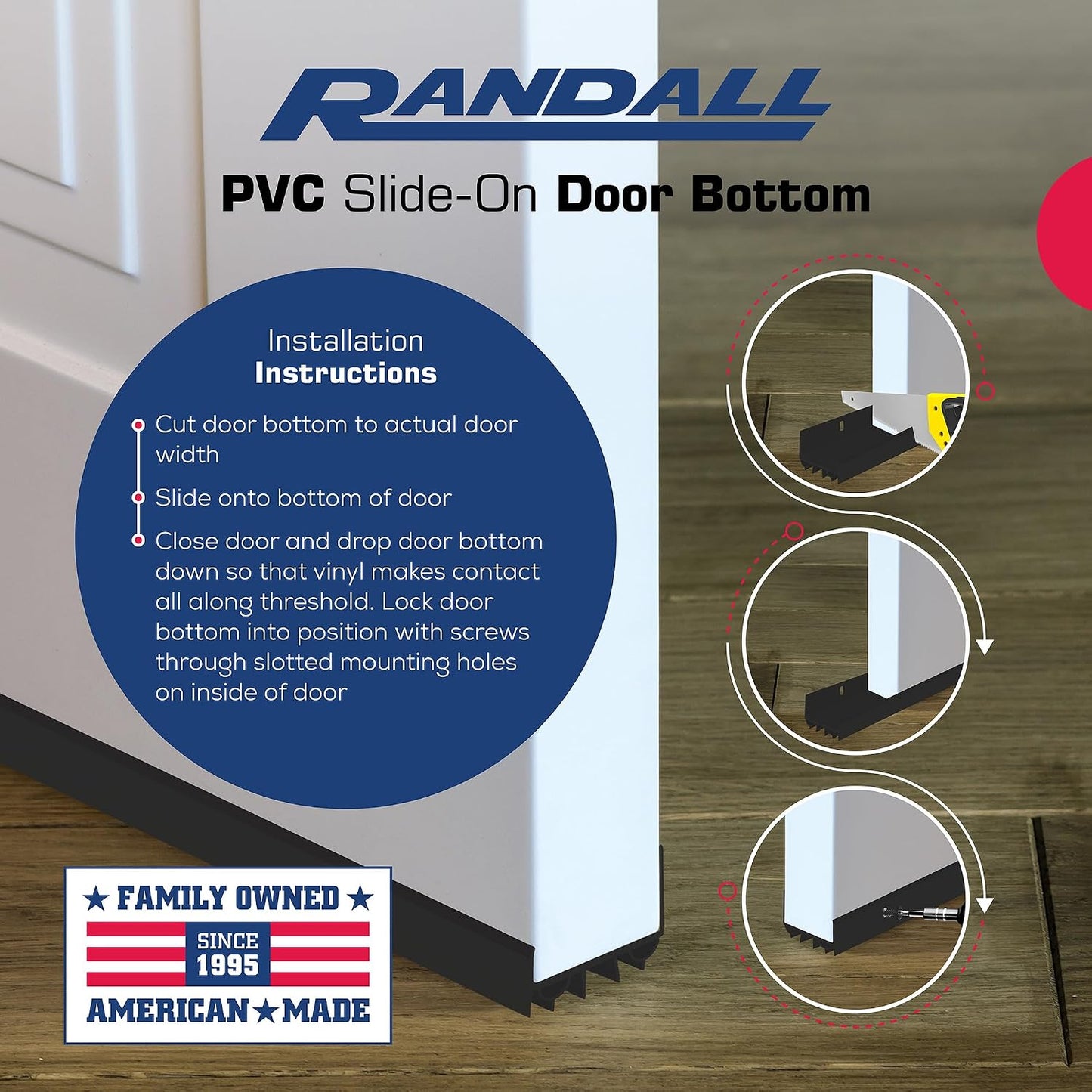 PVC Slide-On Door Bottom | Adjustable Plastic Weatherstrip Door Bottom with Drip Cap | 3 Feet (36-Inch) | for 1 3/4” Doors | White | Fits Gaps 3/8” to 7/8” | Made in the USA