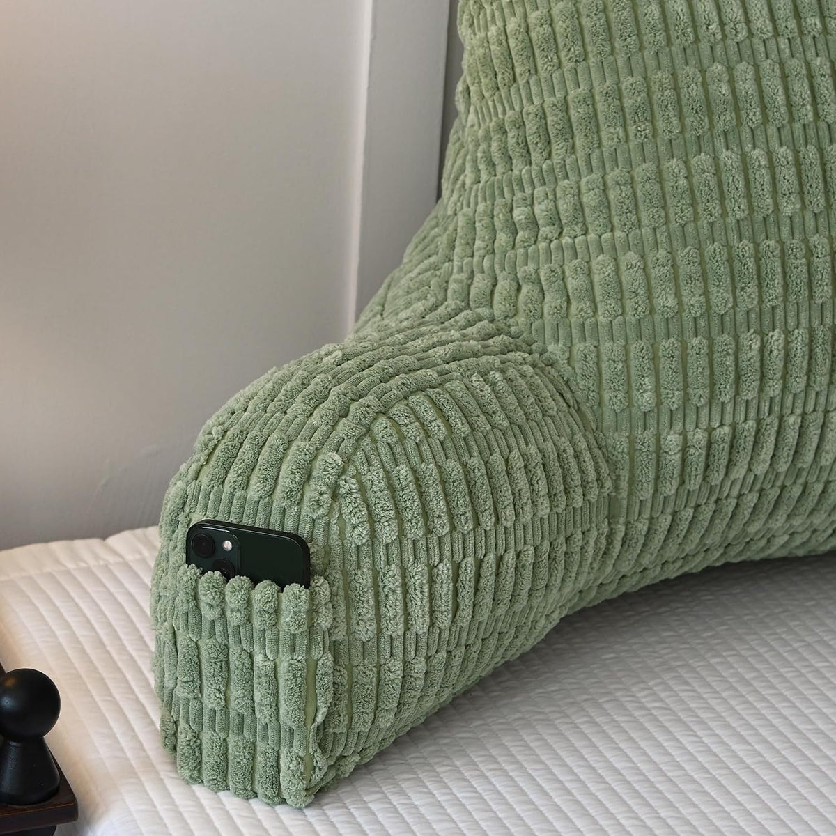 Faux Fur Reading Pillow for Sitting in Bed, Large Backrest Bed Pillow with Arms, Back Support Pillow for Lounging Bedrest, Beige