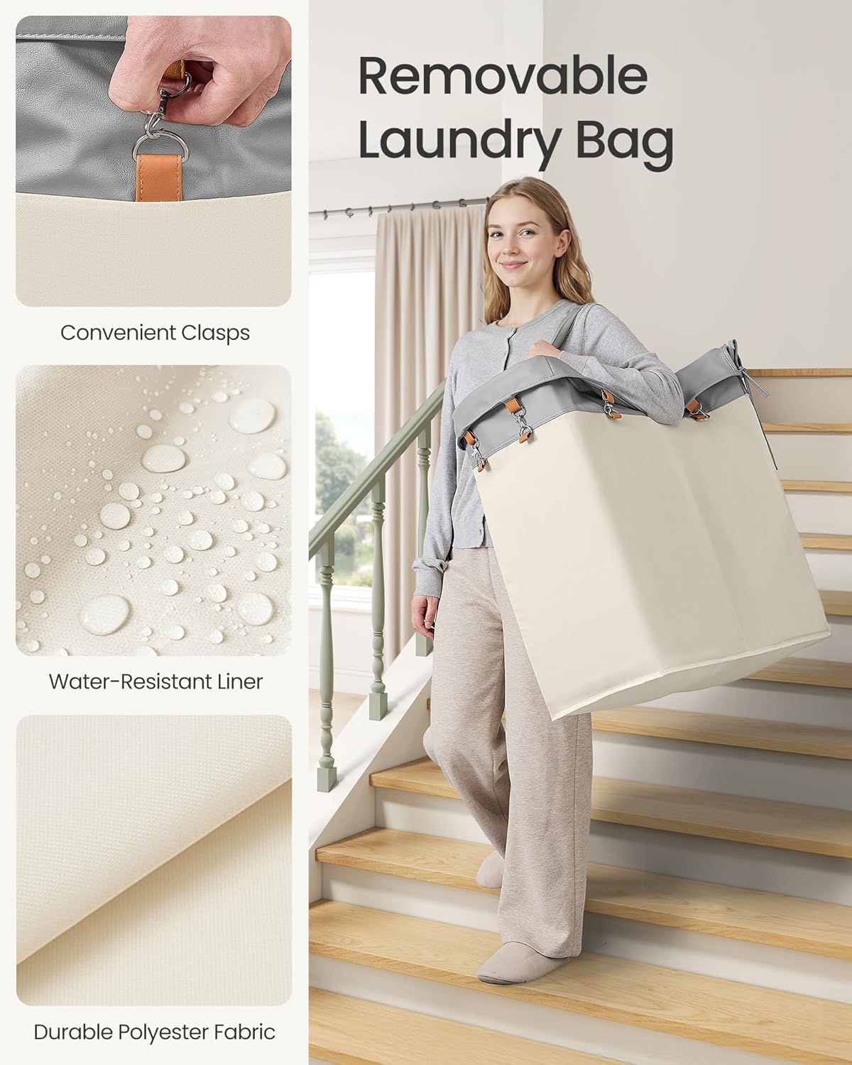 SONGMICS Laundry Basket with Wheels, 4-Section Rolling Laundry Hamper, 68.6 Gallons (260 L), Removable Liner, Steel Frame with Handle, 43.3 x 15.4 x 31.9 Inches, Cream White URLS014W01