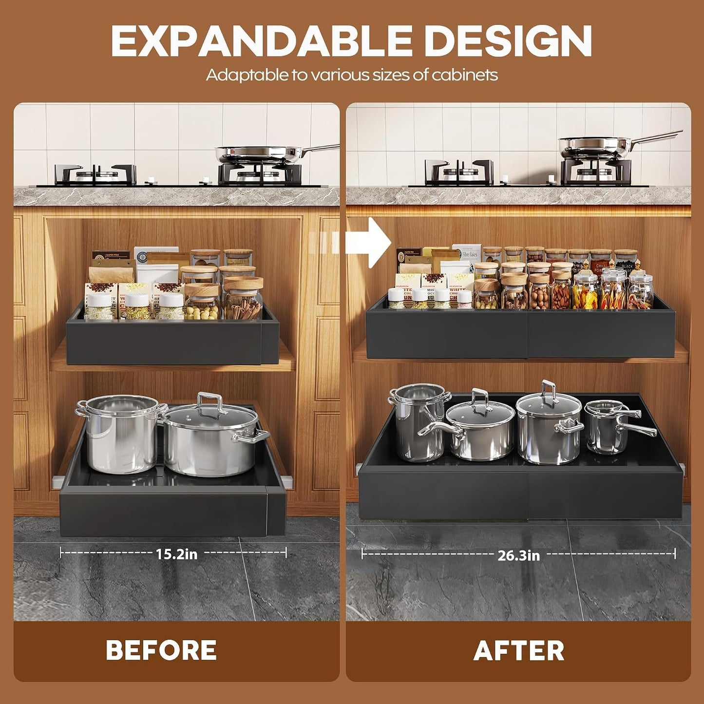 Seinloes 2Pack Expandable Pull Out Cabinet Organizer 21"Deep With Raising Pad for Framed Cabinets, Upgrade 3 Slide Rails Slide Out Drawers, Roll Out Shelves Adhesive,Adjustable Width 12.05"-20.4"White