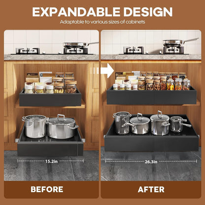 Seinloes 2Pack Expandable Pull Out Cabinet Organizer 21"Deep With Raising Pad for Framed Cabinets, Upgrade 3 Slide Rails Slide Out Drawers, Roll Out Shelves Adhesive,Adjustable Width 12.05"-20.4"White