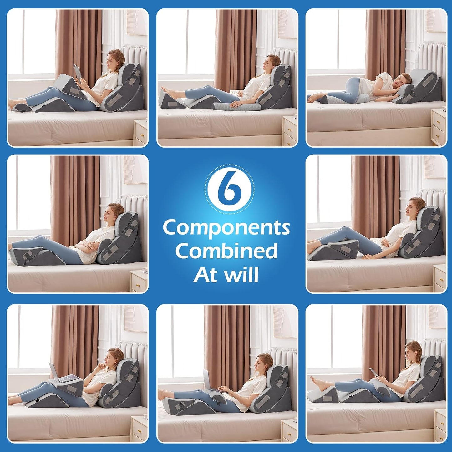 Ahpmeoa 6PCS Wedge Pillow Set for After Surgery, Orthopedic Bed Wedge Pillow for Headboard, Memory Foam Back Pillow for Bed Sitting Up, Sit Up Pillow for Acid Reflux Relief, GERD, Anti Snoring (White)