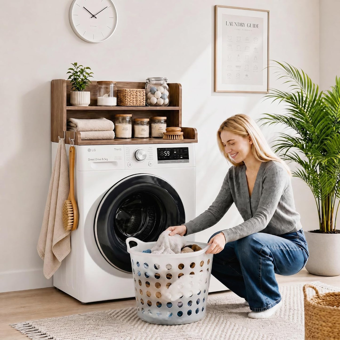 2-Tier Washer Dryer Countertop with Shelves & Metal Hooks, 27" W x 27.5" D Large Laundry Topper for Room Organization & Folding Clothes & Storage(Oak)