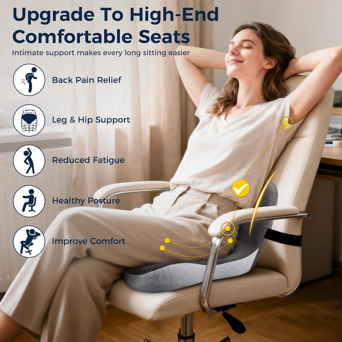 Seat Cushion, Office Chair Cushions for Tailbone Relief, Seat Cushions for Office Chair with L-Shaped Ergonomic Design & Adjustable Strap, Memory Foam Chair Cushion for Long Sitting (Black Gray)