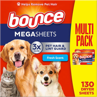 Bounce Pet Hair and Lint Guard Mega Dryer Sheets with 3X Pet Hair Fighters, Fresh Scent, 180 Count