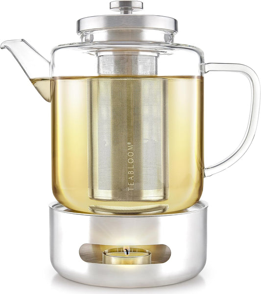 Teabloom Joyful Warmth Teapot with Tea Warmer – 50 oz (6+ Cups) Hand-Blown Borosilicate Glass, Stainless Steel Loose-Leaf Infuser, Heat-Resistant Kettle, Elegant Gift Set for Tea Lovers