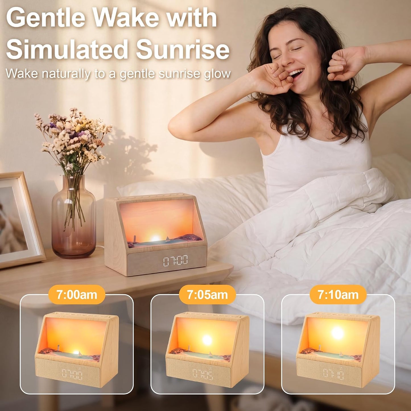 2026 Upgraded Sunset Alarm Clock，Knob Brightness & Volume Control | Sunrise Alarm Clock with 24 Soothing Sounds, Dual Alarms, Built-in Bluetooth for School，Bedroom, Sleeping, Adults & Teens