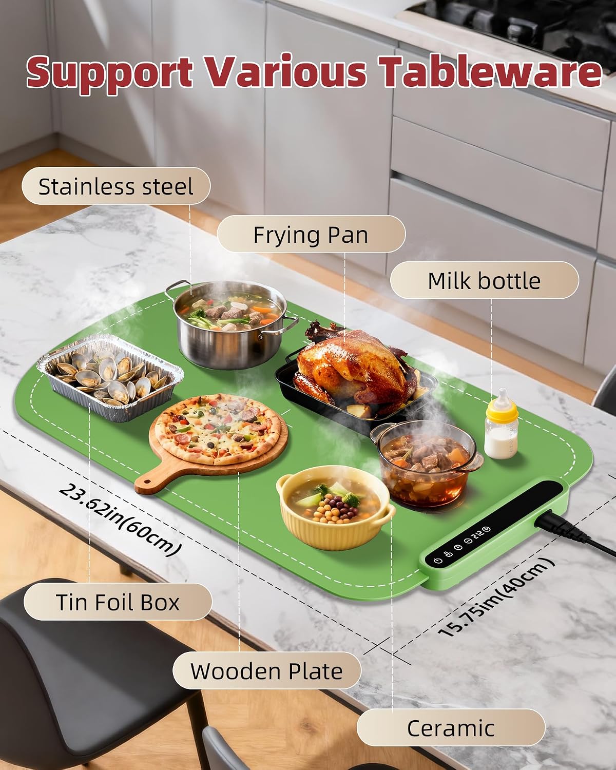 Warming Mat for Food, Upgraded Fast-Heating Electric Warming Tray with 7 Temp Levels & 8 Timers, Buffet Raised Feet & Rollable Silicone Heat Pad, Portable Food Warmer for Home, Party & Travel (Blue)
