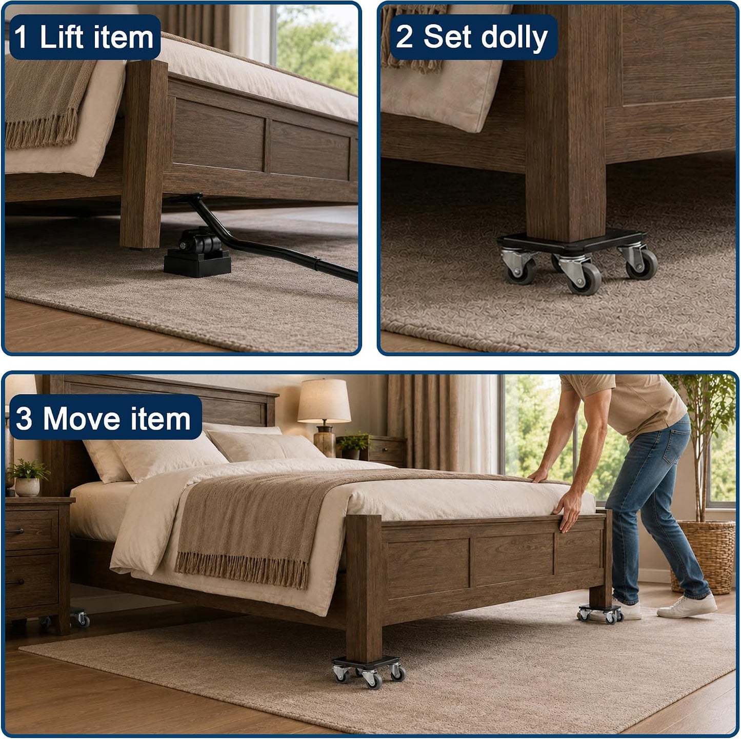 Urvoix Furniture Movers with Wheels, Furniture Dolly Set 4 Pack, 3000LBS | 3mm Thick, 4.7Inch, Heavy Duty Furniture Dolly 4 Wheel with Lifter Tool for Moving Sofa, Bed, Refrigerator, Washer, Cabinet