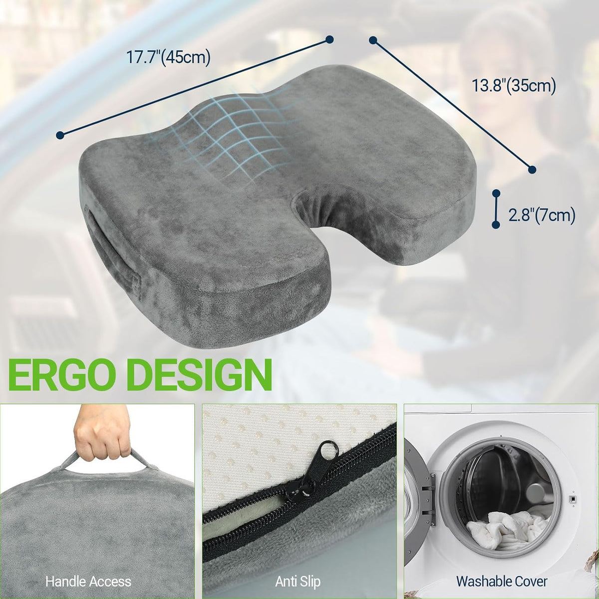 Season Guard Gel Memory Foam Seat Cushion for Tailbone Pain Relief, Black
