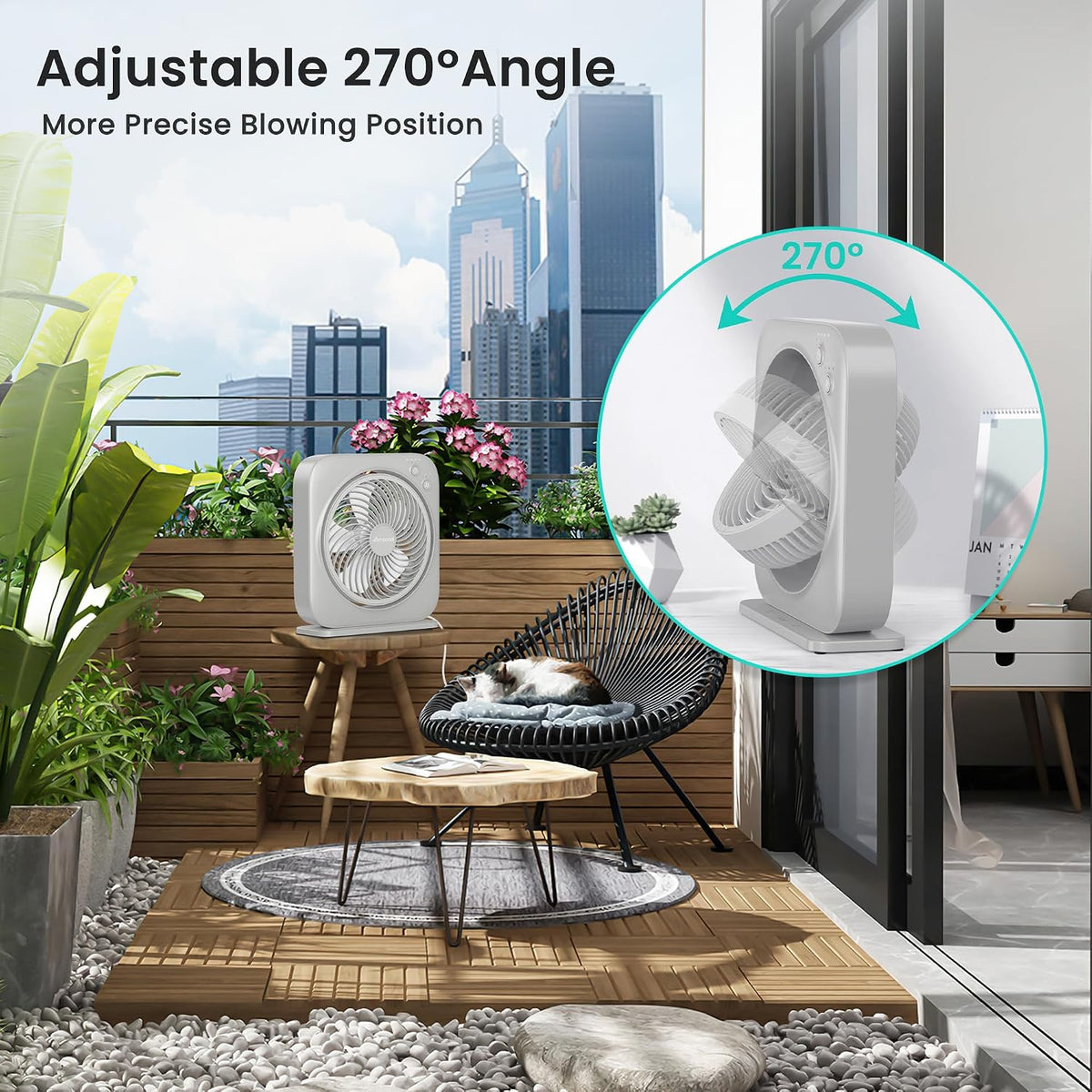 AMACOOL Table Fan, 12 inch Box Fan with 3 Adjustable Speeds & 8HRS Timer, Adjustable Angle Quiet Air Circulator, Desktop Fan for Bedroom Bathroom Kitchen Office, AC Adapter Included-Grey