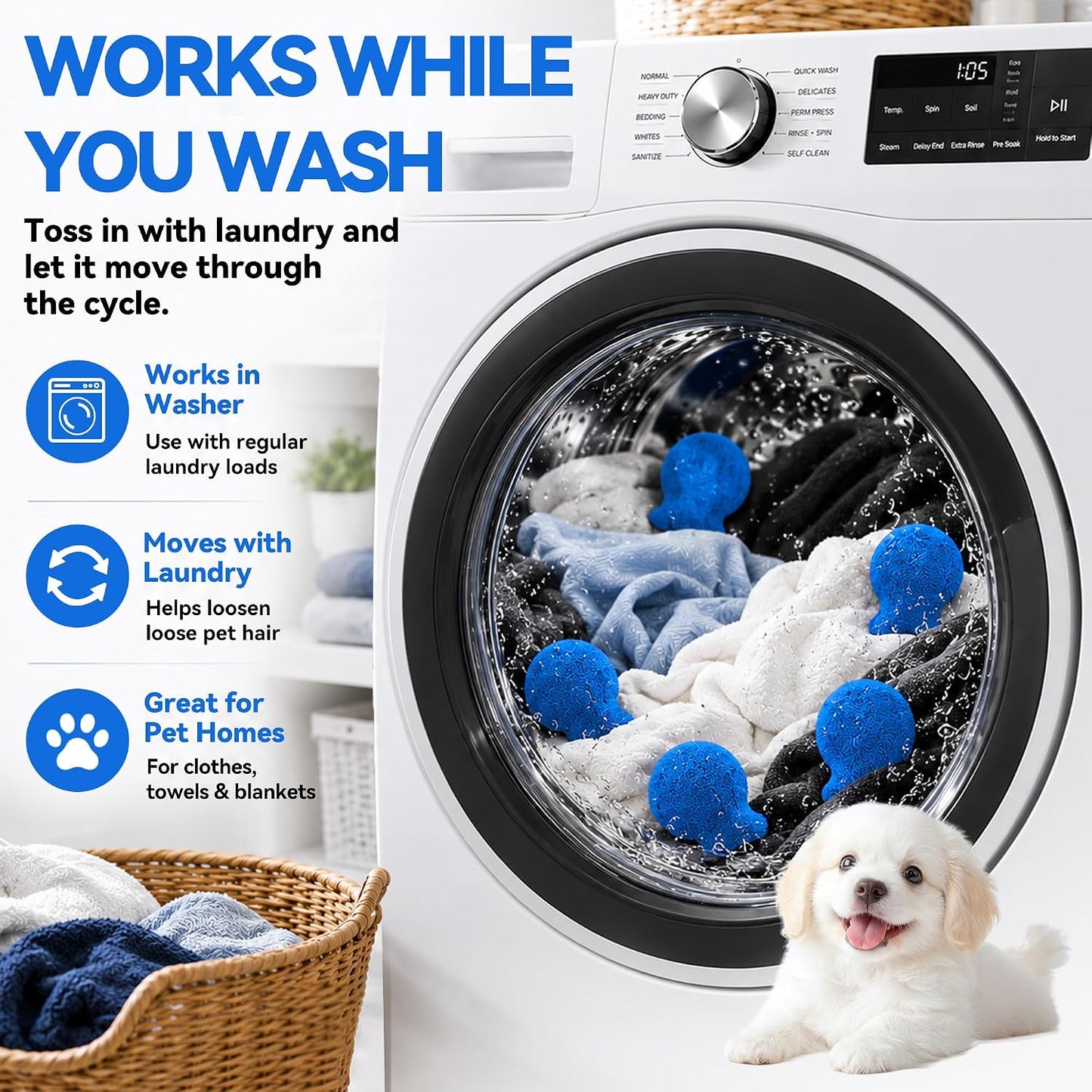 6 Pack Pet Hair Remover for Laundry, Reusable Washer & Dryer Lint Catcher for Dog & Cat Hair, Helps Reduce Fur on Clothes, Blankets, Bedding, Couch & Car Seats (Blue)