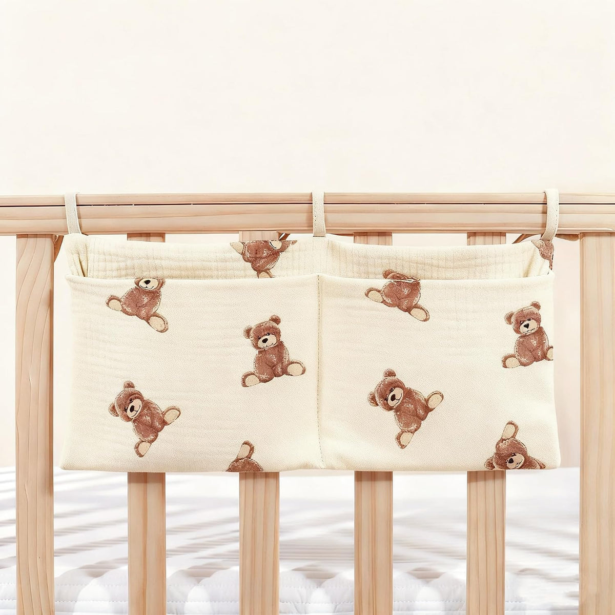 Baby Bedside Hanging Storage Bag Muslin Cotton Teddy Bear, Crib Diaper Caddy Organizer 2 Pockets, Nappy-Dormitory Nursery Organization Holder for Cribs, Playard or Wall Milk Bottle Bib Organizing