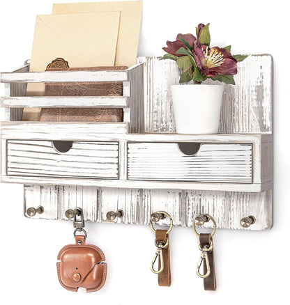Rebee Vision Key Holder Wall Mount with Shelf for Entryway, Distressed Blue | Modern Mail Organizer, 6 Key Hooks, 2 Drawer Organizer, Key Hanger Home Decor Aesthetic, Apartment Storage Essentials